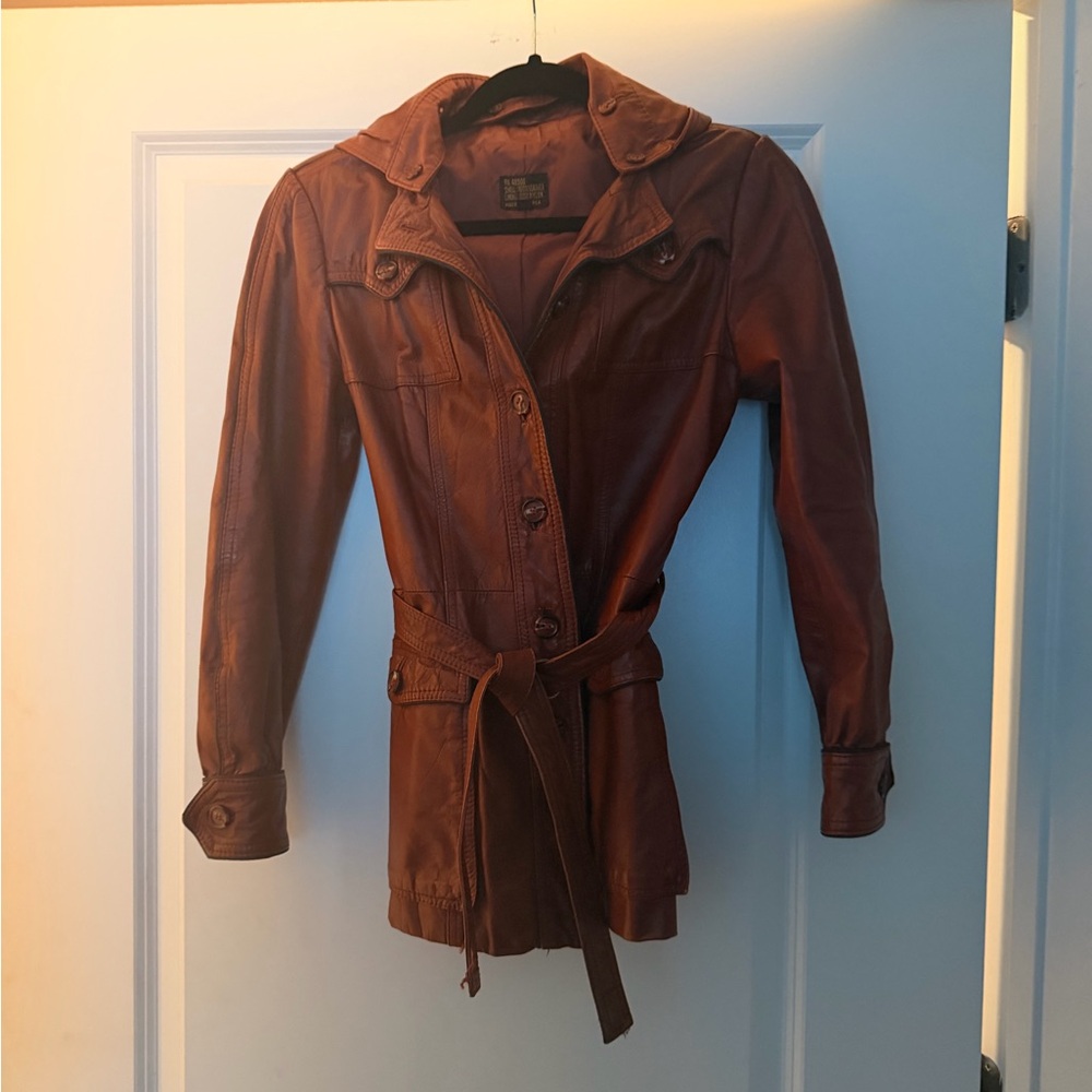 Vintage Women’s Chestnut Brown Leather Belted Trench Jacket with hood.